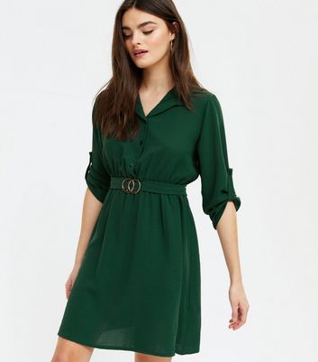 Mela Dark Green Circle Belt Shirt Dress ...